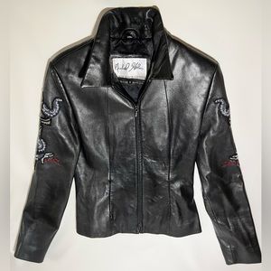 2000s Vintage Black Leather Jacket North Beach Michael Hoban Beaded Snake TATTOO